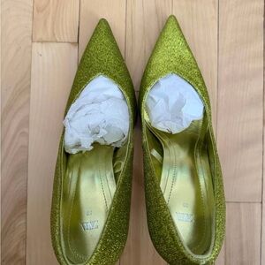 Zara Lime Green Glitter Pointed-Toe Heels
